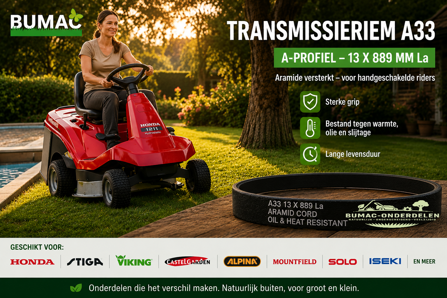 Transmissieriem onderdeel voor Honda HF1211 Stiga Estate Viking MR340 MR345 MR385 Castelgarden F72 Alpina Mountfield Iseki Solo riders met handgeschakelde transmissie