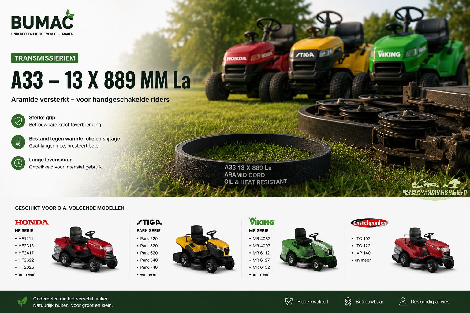 Transmissieriem onderdeel voor Honda HF1211 Stiga Estate Viking MR340 MR345 MR385 Castelgarden F72 Alpina Mountfield Iseki Solo riders met handgeschakelde transmissie