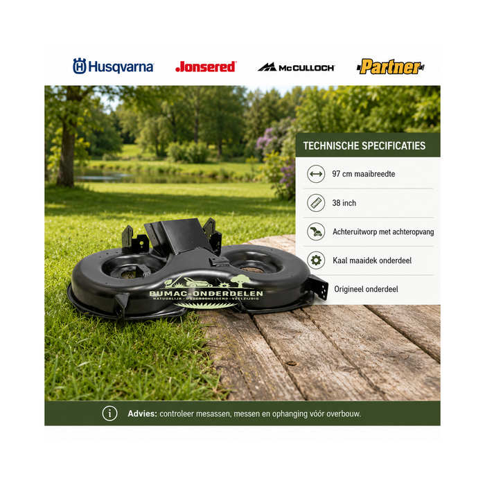 Husqvarna maaidek onderdeel 97 cm achteruitworp voor McCulloch M145-97TC, M125-97TC, M165-97TC, Jonsered LT 2316 CM, LT 2317 CMA en Husqvarna CTH