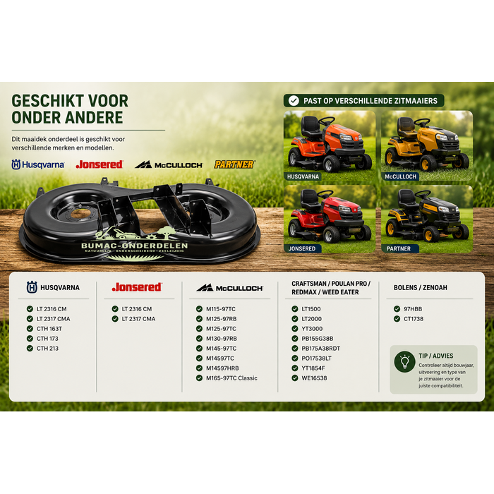 Husqvarna maaidek onderdeel 97 cm achteruitworp voor McCulloch M145-97TC, M125-97TC, M165-97TC, Jonsered LT 2316 CM, LT 2317 CMA en Husqvarna CTH