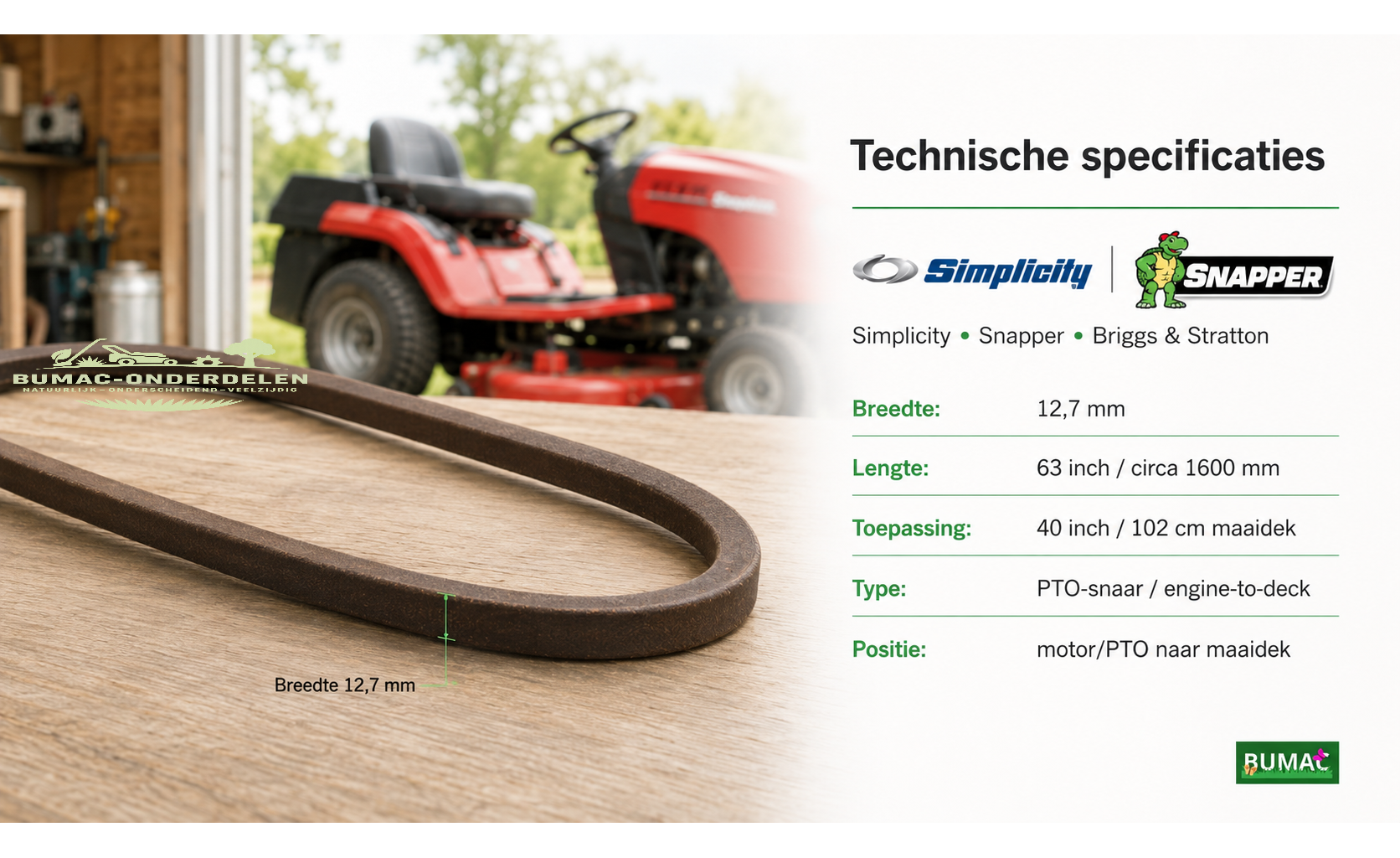 V-snaar maaidek onderdeel voor Simplicity Baron XL, Baron, 2418 XL, 2420 XL, 2421 en Snapper RD 40 inch zitmaaiers