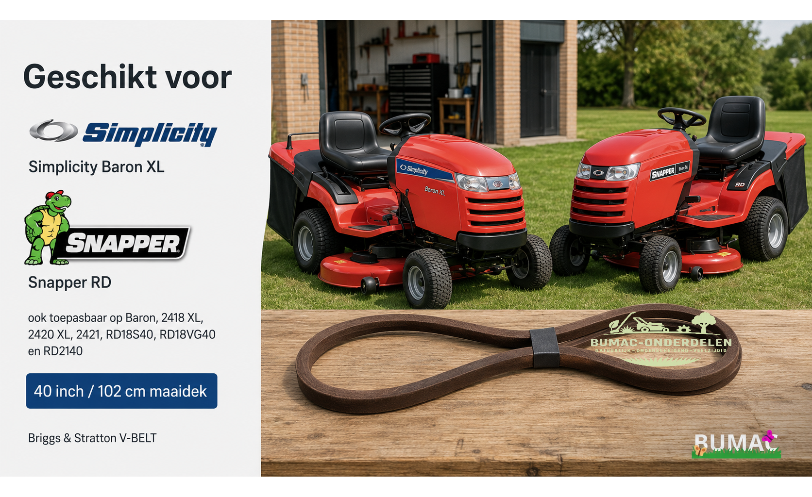 V-snaar maaidek onderdeel voor Simplicity Baron XL, Baron, 2418 XL, 2420 XL, 2421 en Snapper RD 40 inch zitmaaiers