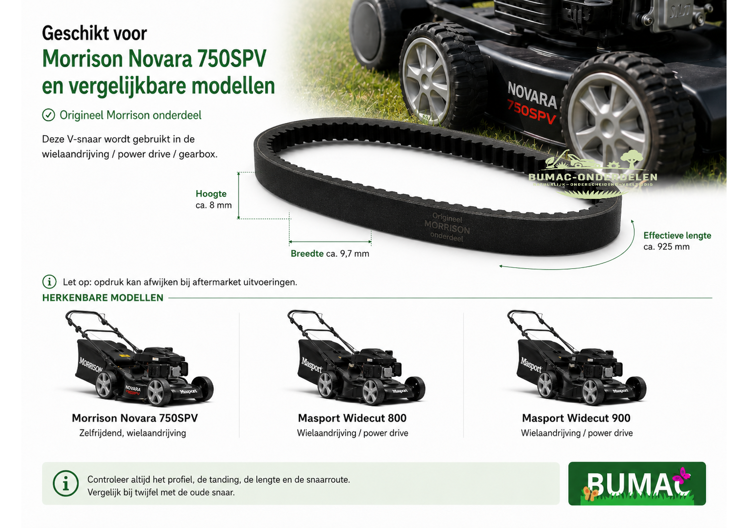 Getande V-snaar aandrijving onderdeel voor Morrison Novara 750SPV en Masport Widecut loopmaaier