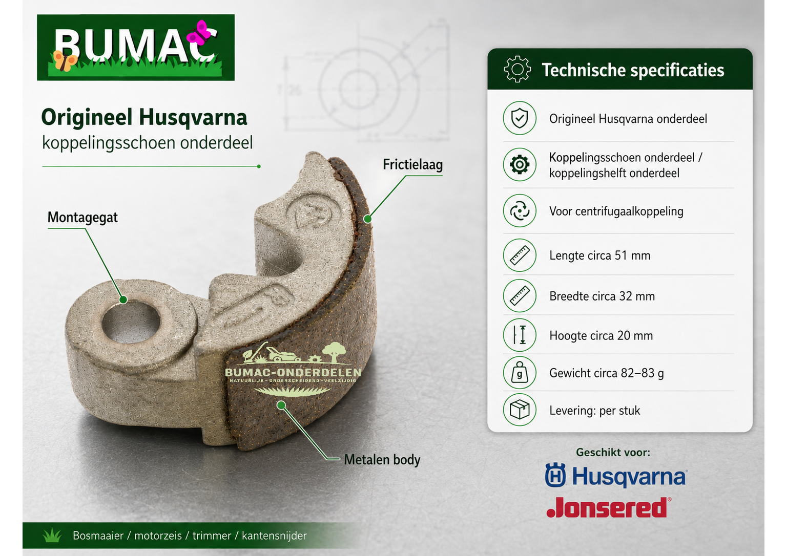 Origineel Husqvarna koppelingsschoen onderdeel voor Husqvarna 132R 132RJ 133R en Jonsered GC2032