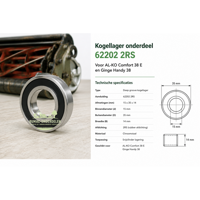 Kogellager en groefkogellager onderdeel voor AL-KO Comfort 38 E en Ginge Handy 38 15 x 35 x 14 mm