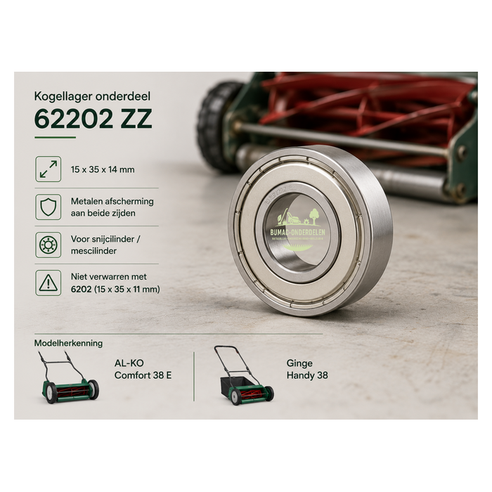Kogellager en groefkogellager onderdeel 62202 ZZ voor AL-KO Comfort 38 E en Ginge Handy 38 15 x 35 x 14 mm