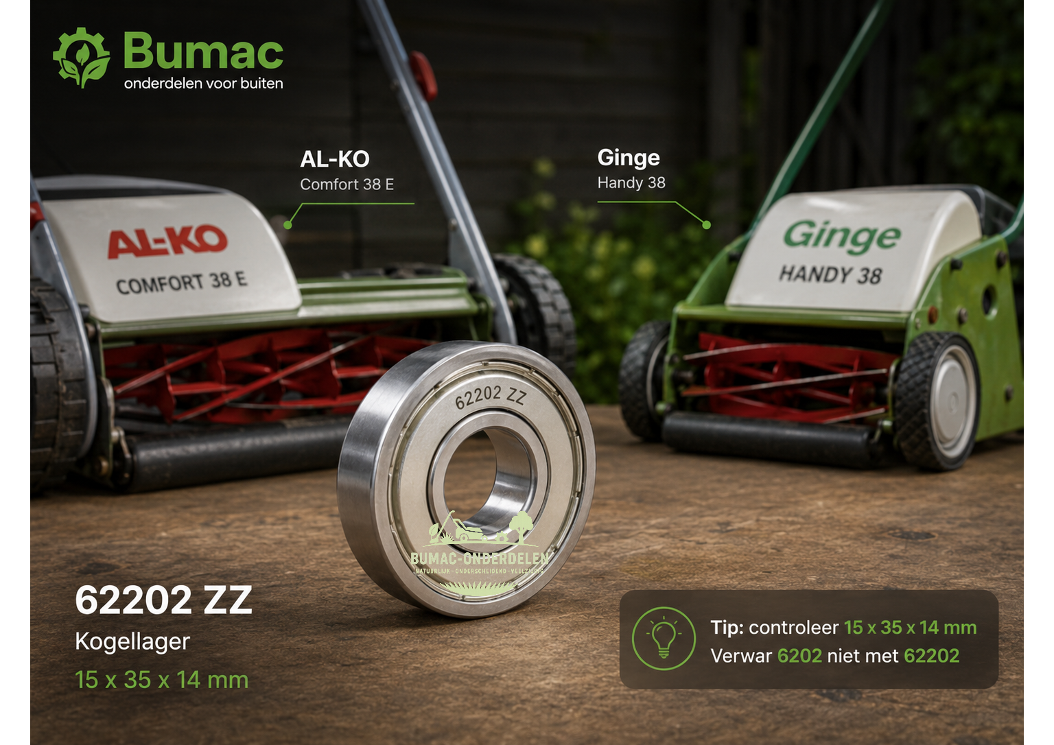 Kogellager en groefkogellager onderdeel 62202 ZZ voor AL-KO Comfort 38 E en Ginge Handy 38 15 x 35 x 14 mm