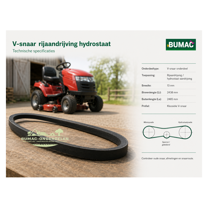 V-snaar rijaandrijving hydrostaat onderdeel voor Castelgarden, Stiga, Mountfield, Dolmar, Solo en GGP zitmaaiers