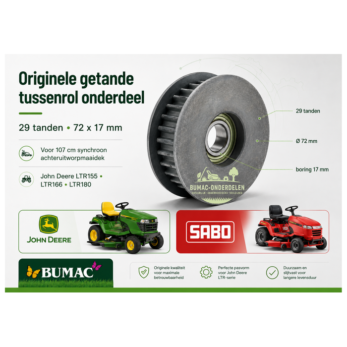 Originele Sabo getande tandriemrol onderdeel 29 tanden 72 x 17 mm voor John Deere LTR155, LTR166 en LTR180