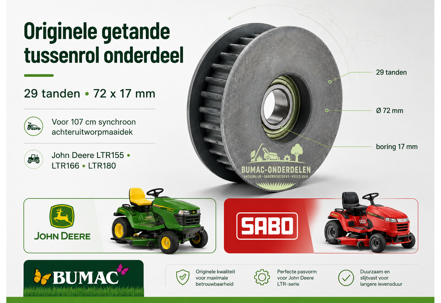 Originele Sabo getande tandriemrol onderdeel 29 tanden 72 x 17 mm voor John Deere LTR155, LTR166 en LTR180