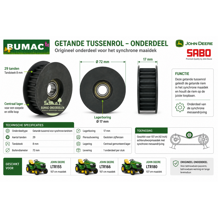 Originele Sabo getande tandriemrol onderdeel 29 tanden 72 x 17 mm voor John Deere LTR155, LTR166 en LTR180