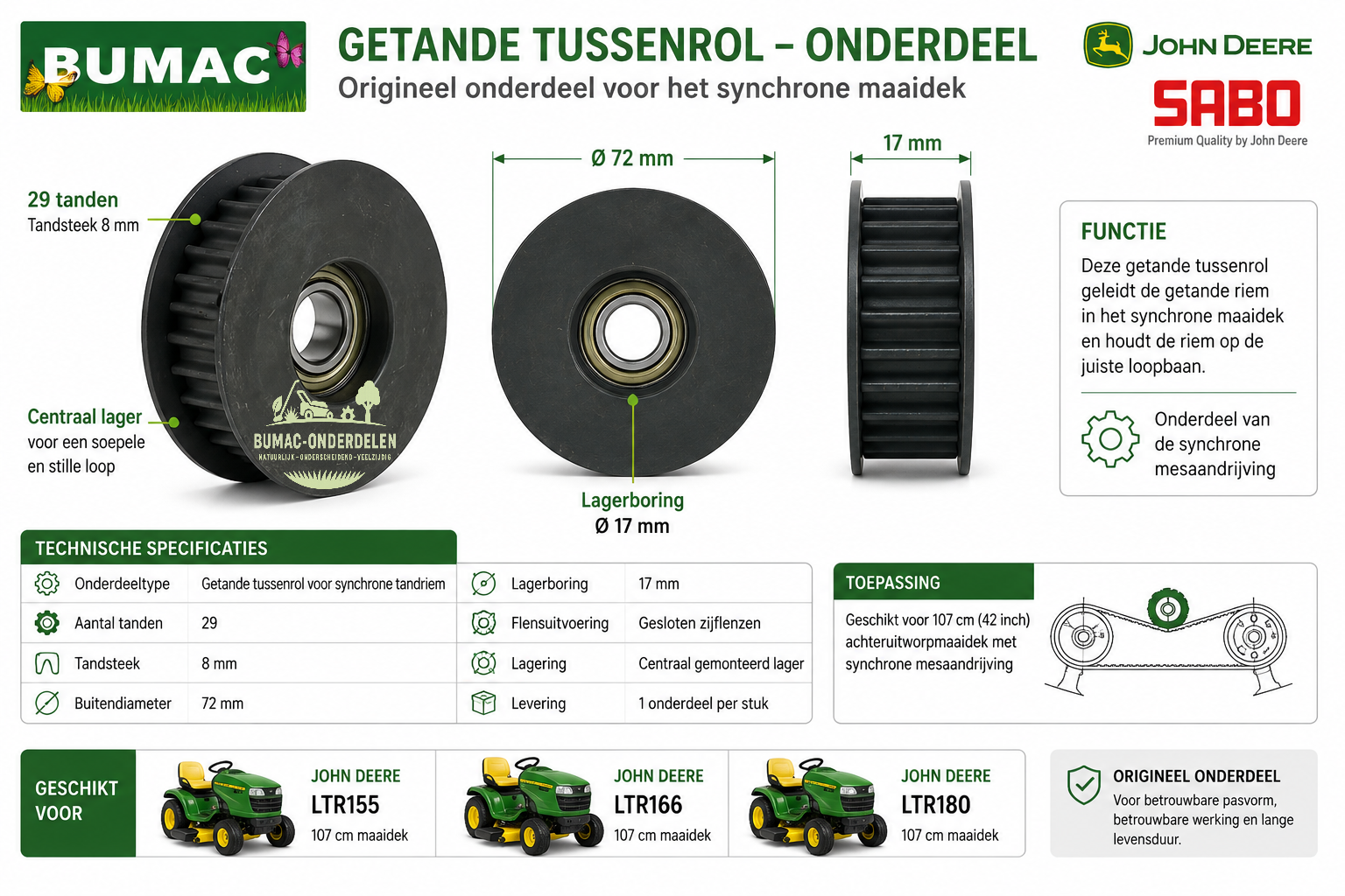 Originele Sabo getande tandriemrol onderdeel 29 tanden 72 x 17 mm voor John Deere LTR155, LTR166 en LTR180
