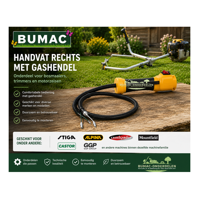 Handvat rechts met gashendel onderdeel voor Stiga, Alpina, Castelgarden, Mountfield en Castor bosmaaiers, trimmers en motorzeisen