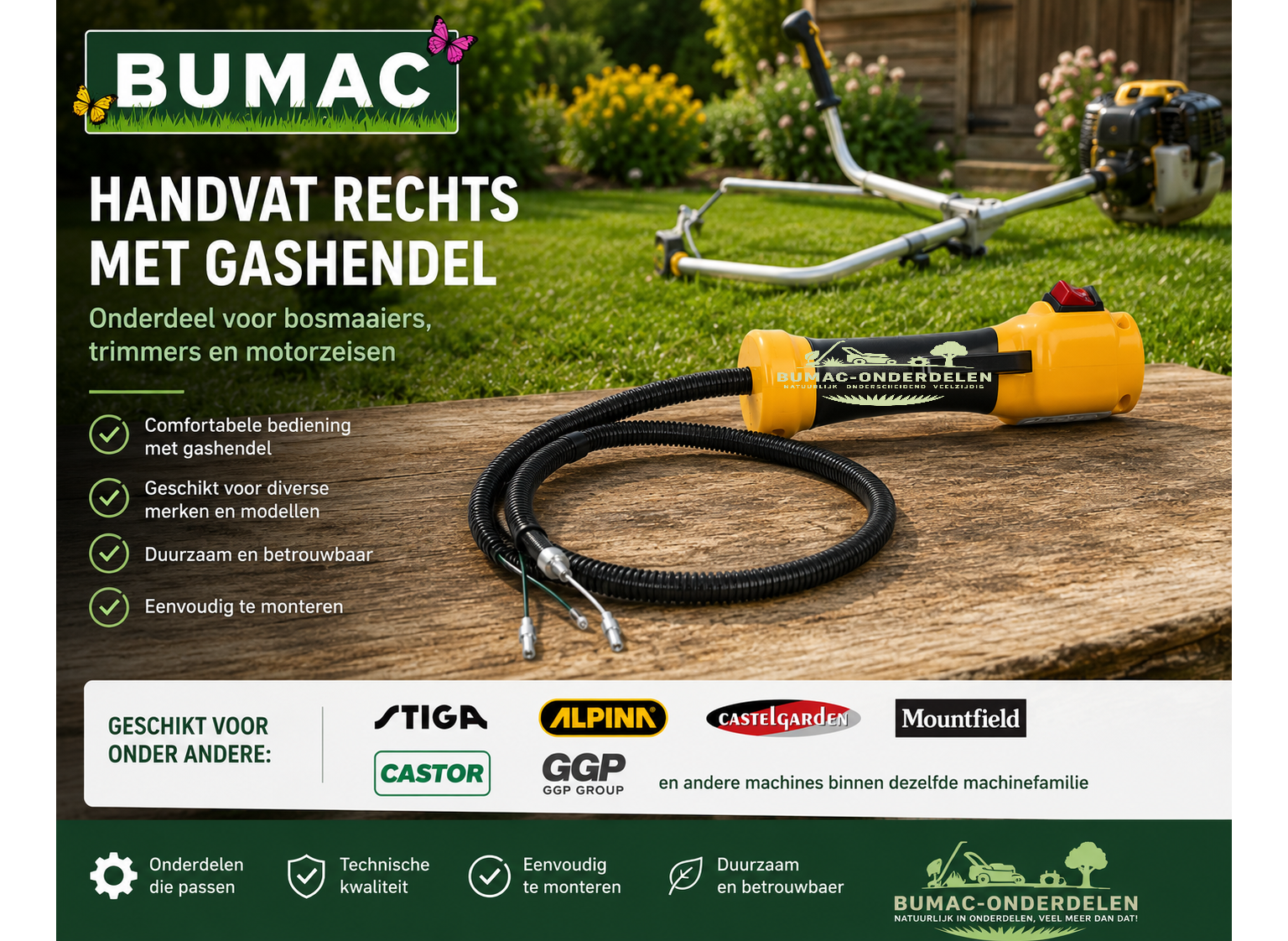 Handvat rechts met gashendel onderdeel voor Stiga, Alpina, Castelgarden, Mountfield en Castor bosmaaiers, trimmers en motorzeisen
