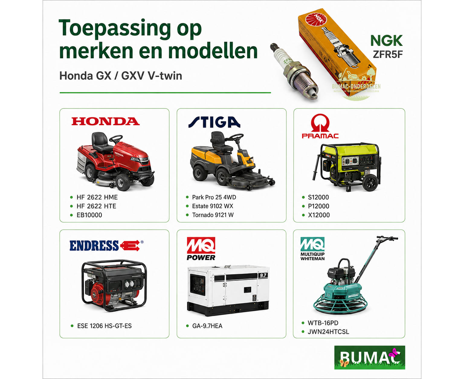 NGK ZFR5F bougie onderdeel voor Honda GX630, GX660, GX690, GXV630, GXV660 en GXV690 V-twin motoren