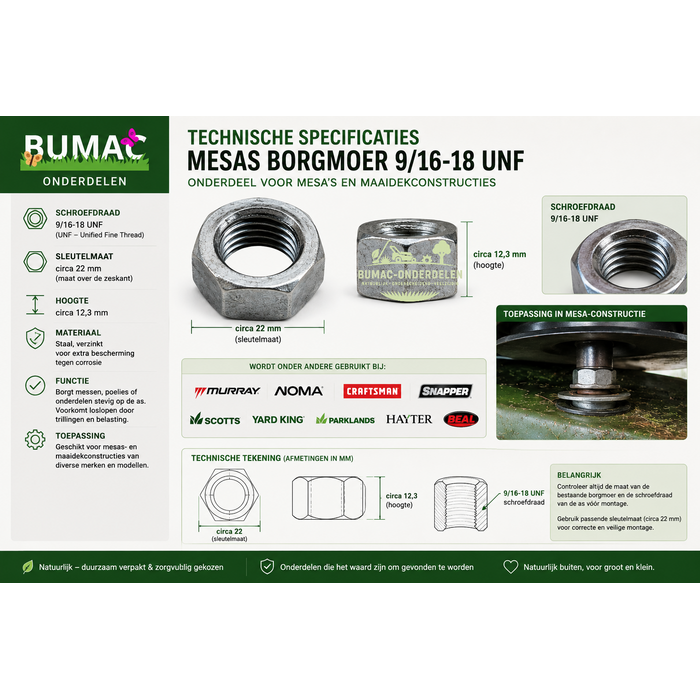 Mesas borgmoer 9/16-18 UNF onderdeel voor Murray, Noma, Craftsman, Snapper, Scotts, Yard King, Parklands, Hayter en Beal