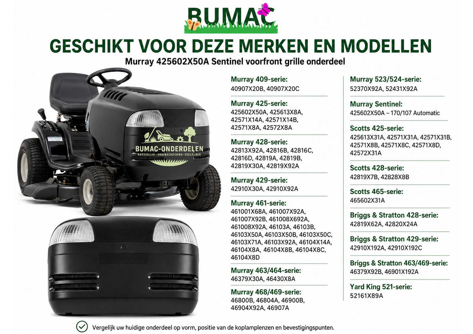 Murray 425602X50A Sentinel 170/107 Automatic voorfront motorkap grille onderdeel voor Murray, Scotts, Briggs & Stratton en Yard King zitmaaiers