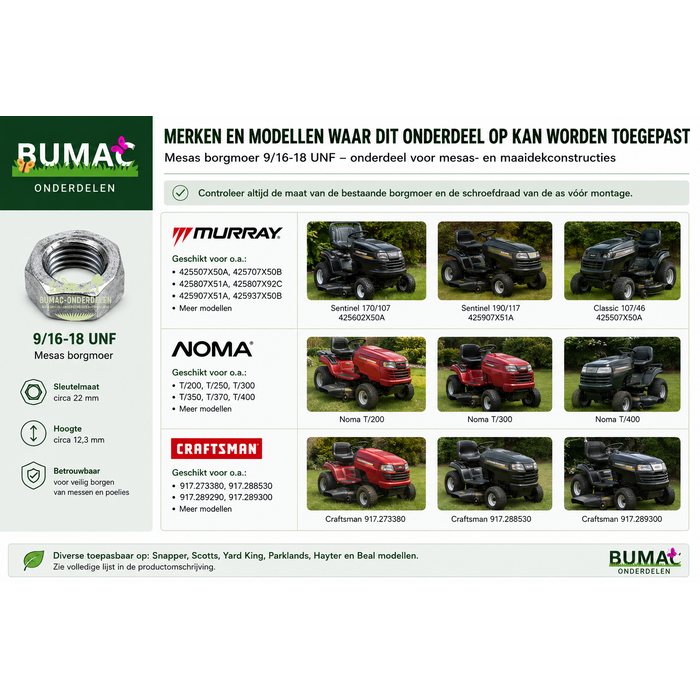 Mesas borgmoer 9/16-18 UNF onderdeel voor Murray, Noma, Craftsman, Snapper, Scotts, Yard King, Parklands, Hayter en Beal