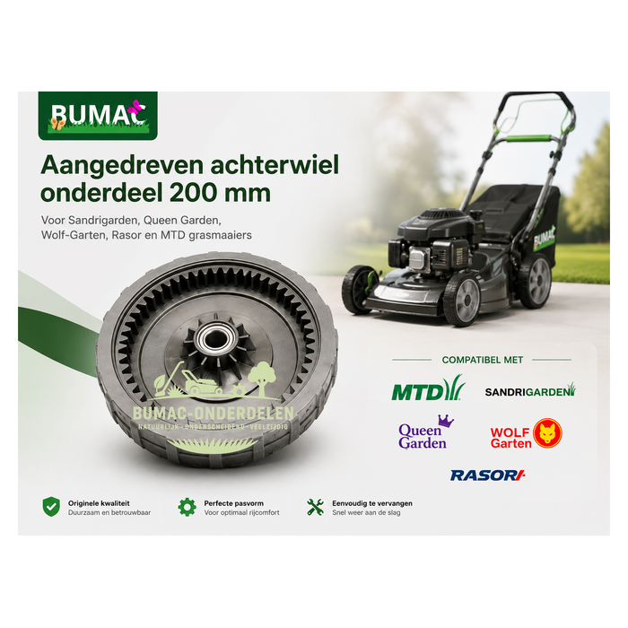 Origineel MTD aangedreven achterwiel onderdeel 200 mm voor Sandrigarden, Wolf-Garten en Rasor grasmaaiers