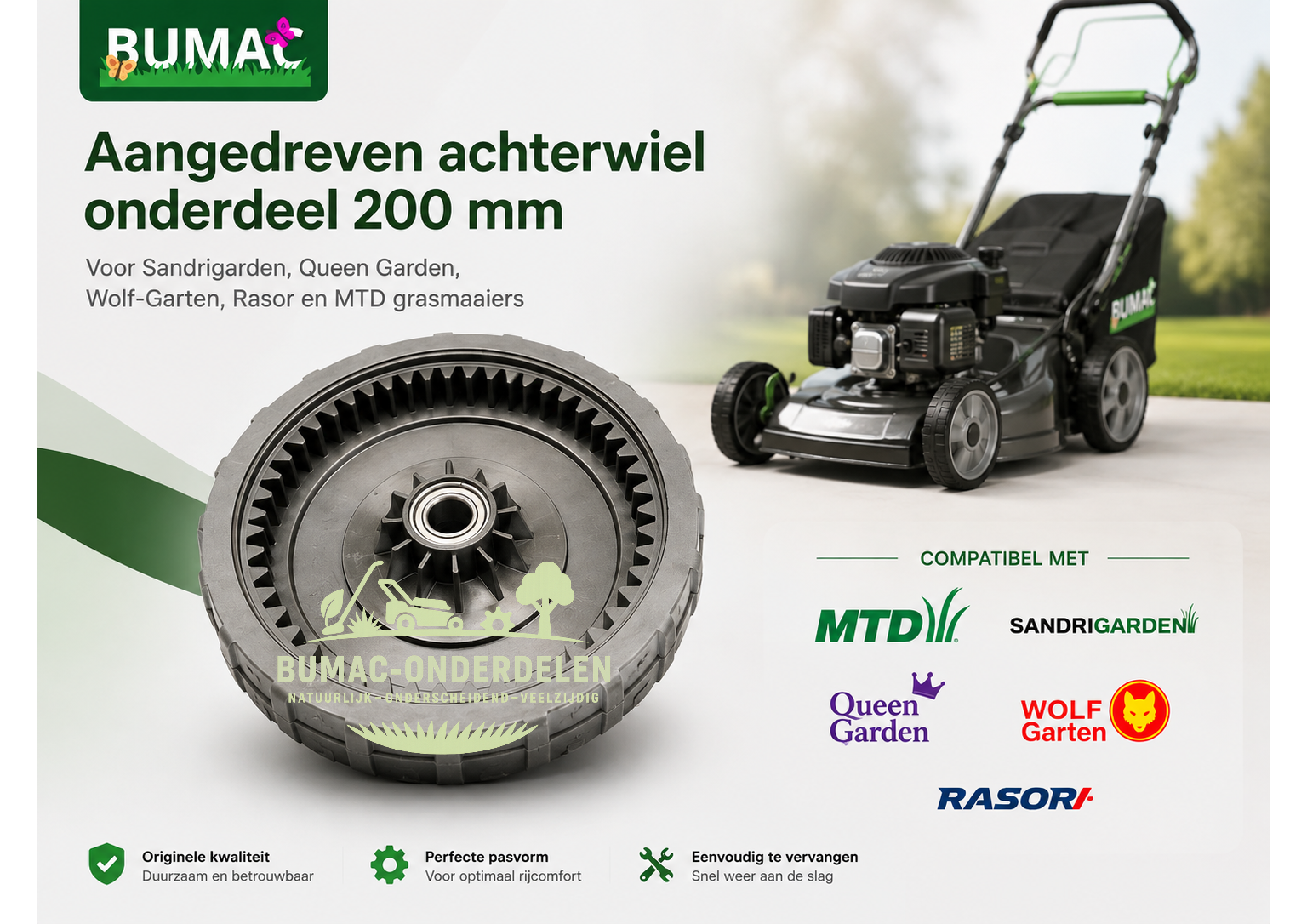 Origineel MTD aangedreven achterwiel onderdeel 200 mm voor Sandrigarden, Wolf-Garten en Rasor grasmaaiers