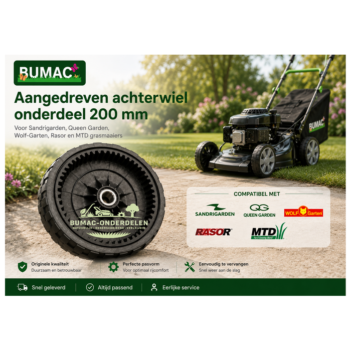 Origineel MTD aangedreven achterwiel onderdeel 200 mm voor Sandrigarden, Wolf-Garten en Rasor grasmaaiers