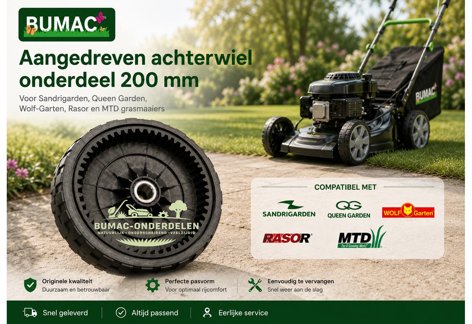Origineel MTD aangedreven achterwiel onderdeel 200 mm voor Sandrigarden, Wolf-Garten en Rasor grasmaaiers