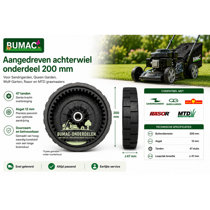 Origineel MTD aangedreven achterwiel onderdeel 200 mm voor Sandrigarden, Wolf-Garten en Rasor grasmaaiers