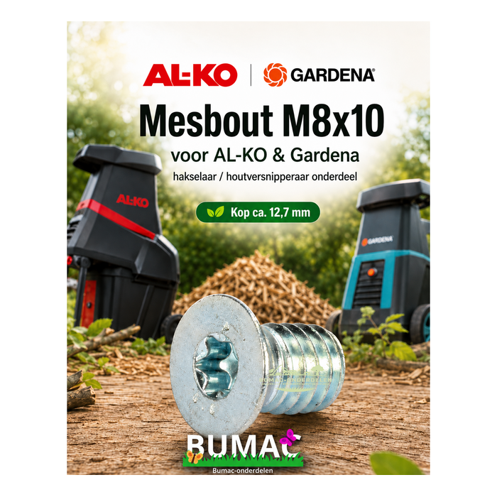 Mesbout M8x10 kop ca. 12,7 mm voor AL-KO H1600, TCS2200, TCS3200 en Gardena GH2000, GH2300, GH2500 hakselaar - houtversnipperaar onderdeel