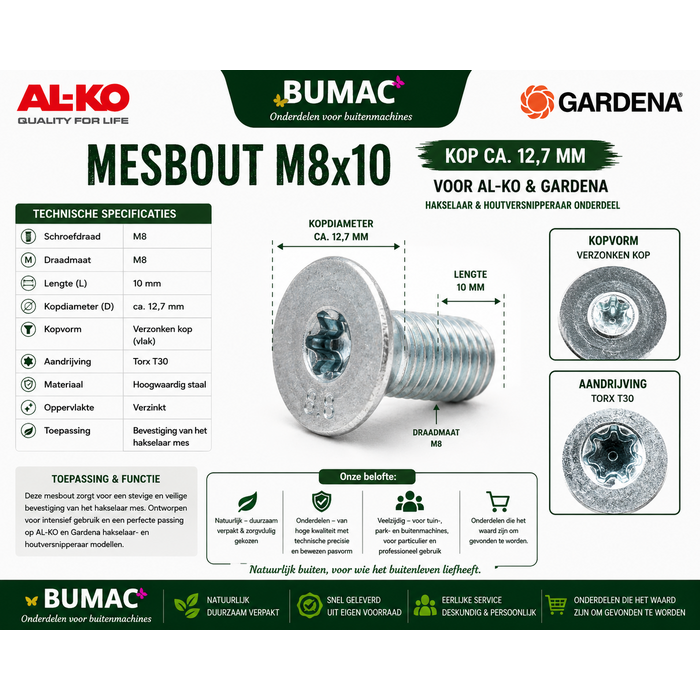 Mesbout M8x10 kop ca. 12,7 mm voor AL-KO H1600, TCS2200, TCS3200 en Gardena GH2000, GH2300, GH2500 hakselaar - houtversnipperaar onderdeel
