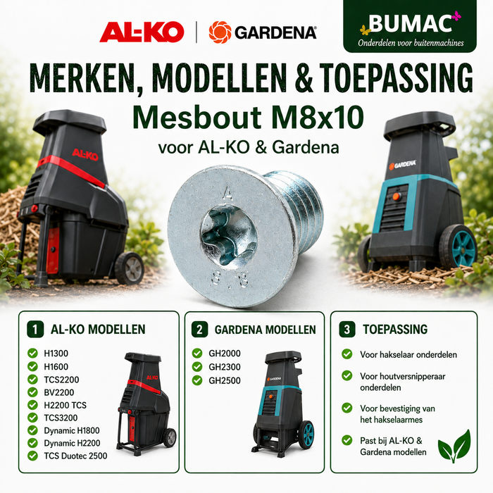 Mesbout M8x10 kop ca. 12,7 mm voor AL-KO H1600, TCS2200, TCS3200 en Gardena GH2000, GH2300, GH2500 hakselaar - houtversnipperaar onderdeel