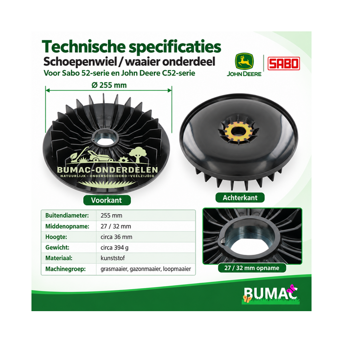 Ventilator-meshouder / waaier onderdeel 255 mm met 27/32 mm opname voor Sabo 52-serie en John Deere C52-serie
