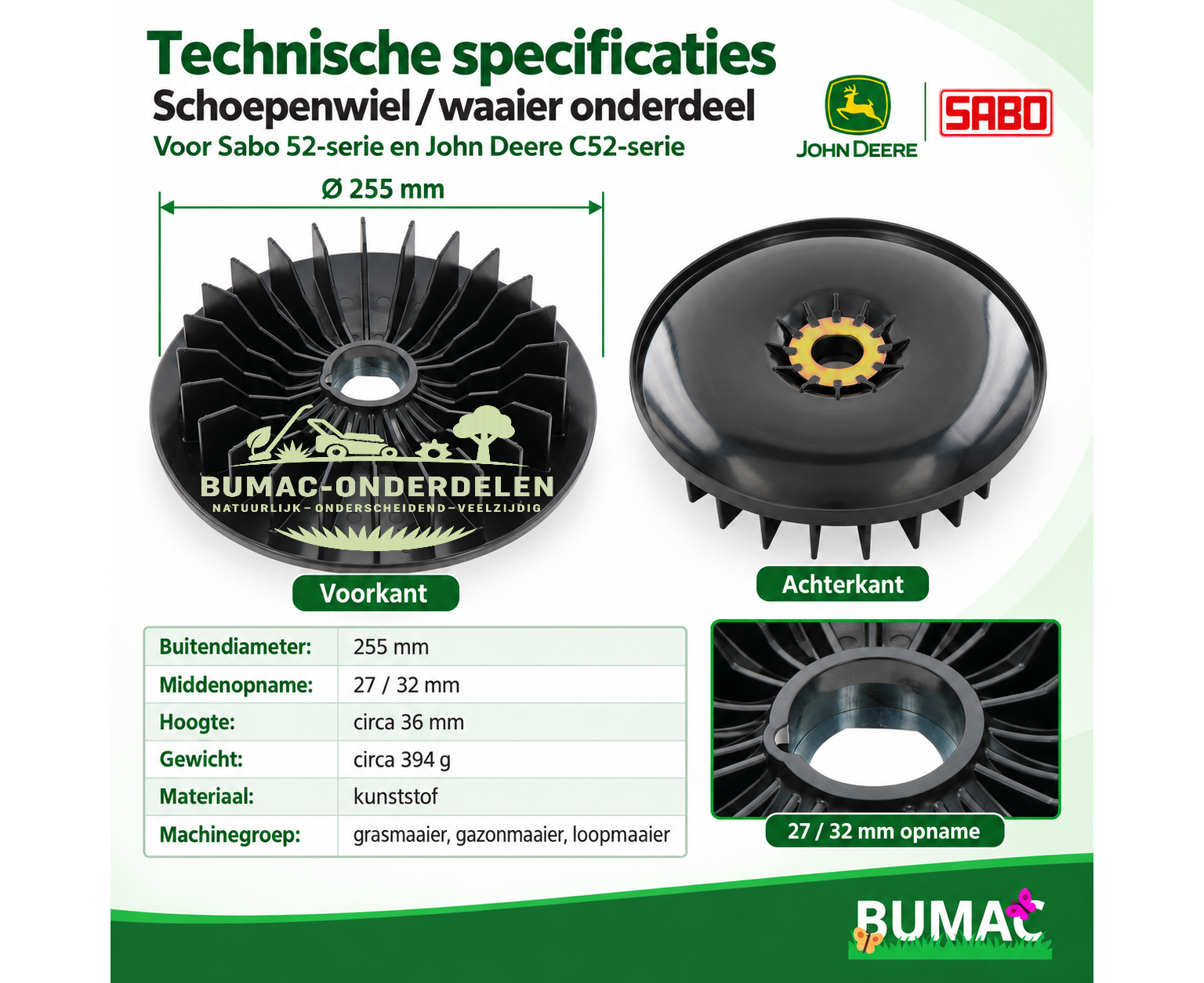 Ventilator-meshouder / waaier onderdeel 255 mm met 27/32 mm opname voor Sabo 52-serie en John Deere C52-serie