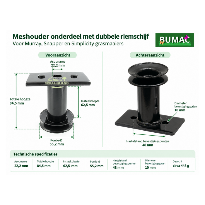 Meshouder onderdeel met dubbele riemschijf 22,2 mm voor Murray, Snapper en Simplicity grasmaaiers