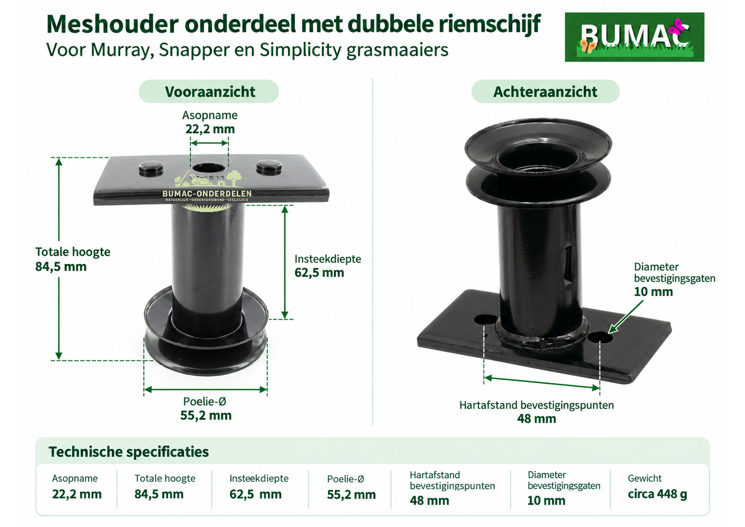 Meshouder onderdeel met dubbele riemschijf 22,2 mm voor Murray, Snapper en Simplicity grasmaaiers