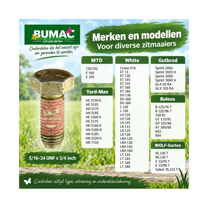 Zeskantbout onderdeel 5/16-24 UNF x 3/4 inch voor MTD, White, Gutbrod, Yard-Man, Bolens en WOLF-Garten zitmaaiers
