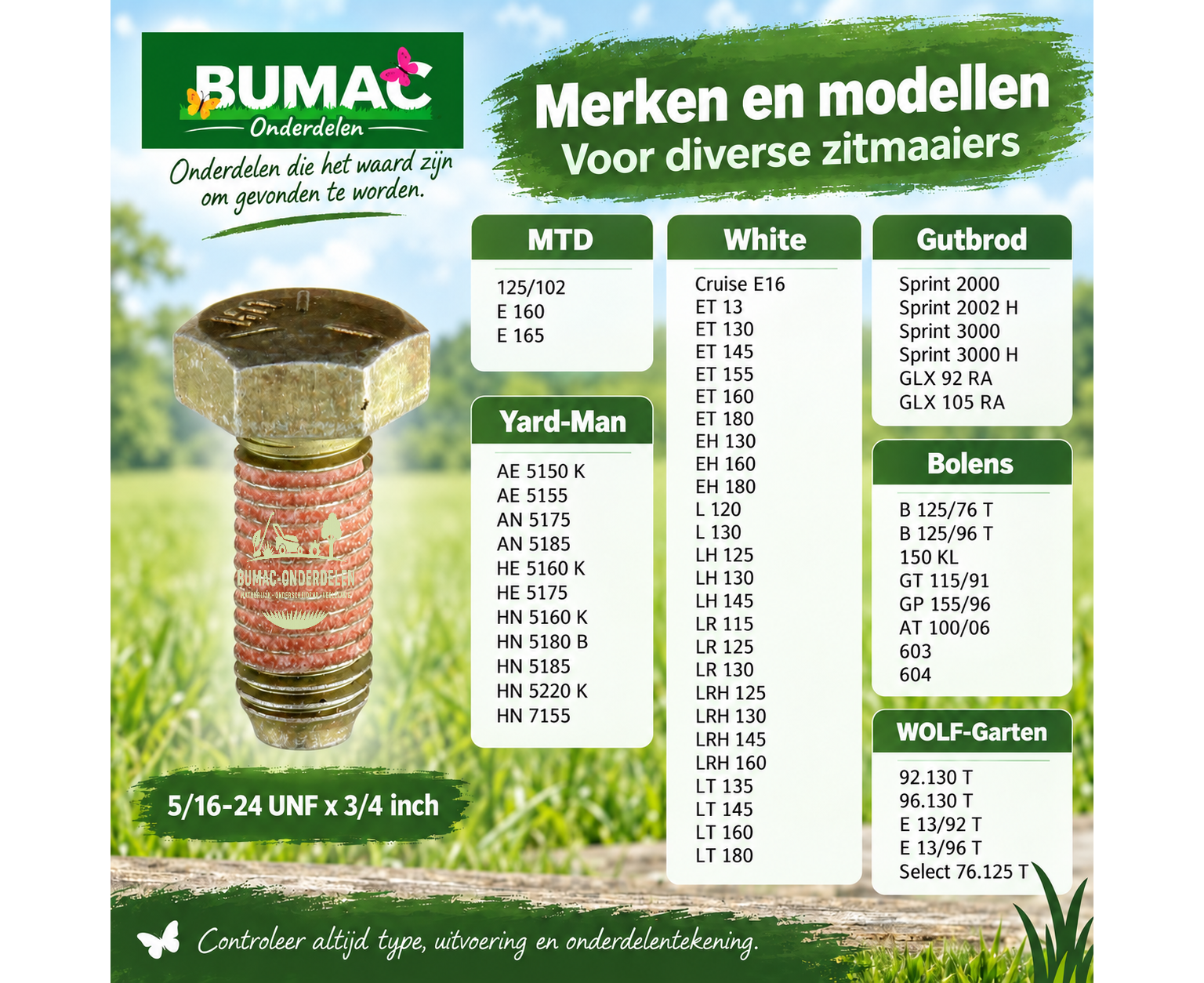 Zeskantbout onderdeel 5/16-24 UNF x 3/4 inch voor MTD, White, Gutbrod, Yard-Man, Bolens en WOLF-Garten zitmaaiers