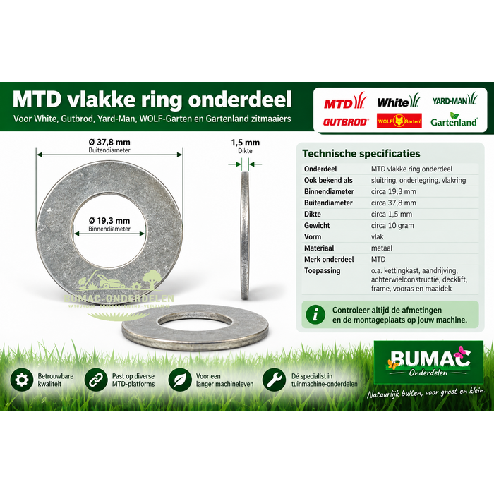MTD vlakke ring onderdeel voor White, Gutbrod, Yard-Man en WOLF-Garten zitmaaiers