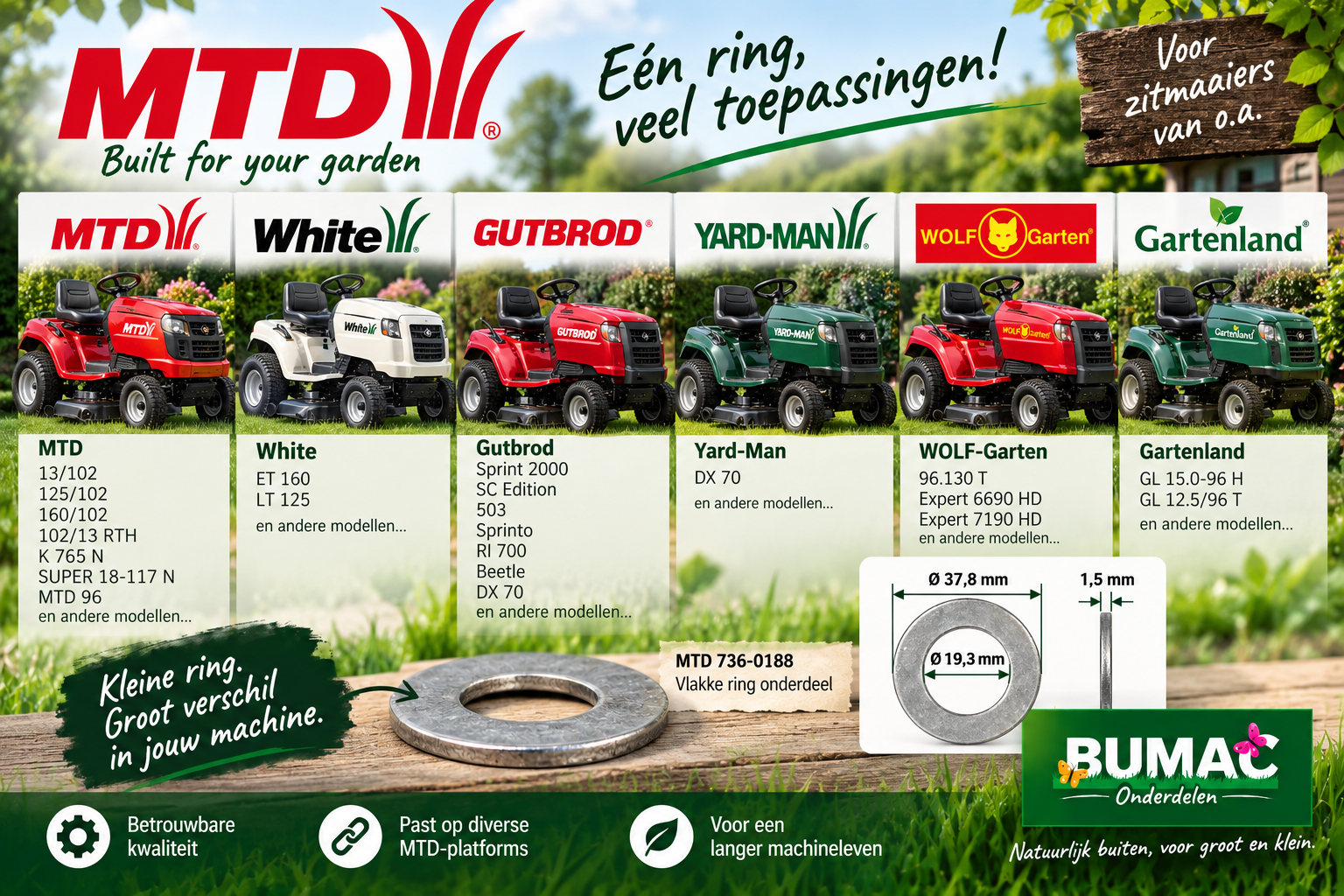 MTD vlakke ring onderdeel voor White, Gutbrod, Yard-Man en WOLF-Garten zitmaaiers