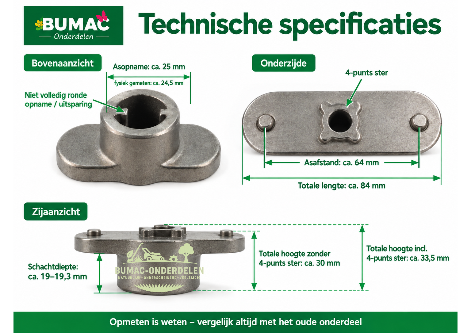 Meshouder onderdeel 25 mm met 4-punts ster voor MTD Wolf-Garten Cub Cadet en Yard Machines