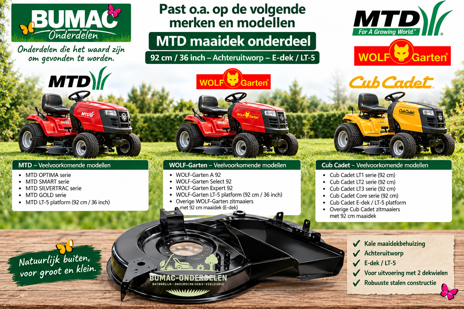 MTD maaidek onderdeel 92 cm / 36 inch achteruitworp voor WOLF-Garten, MTD en Cub Cadet zitmaaiers
