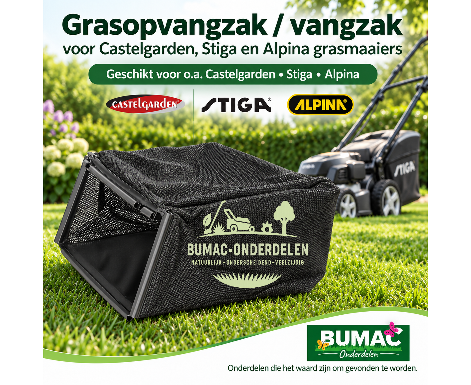 Grasopvangzak, grasvangzak en vangzak onderdeel voor Castelgarden, Stiga en Alpina grasmaaiers