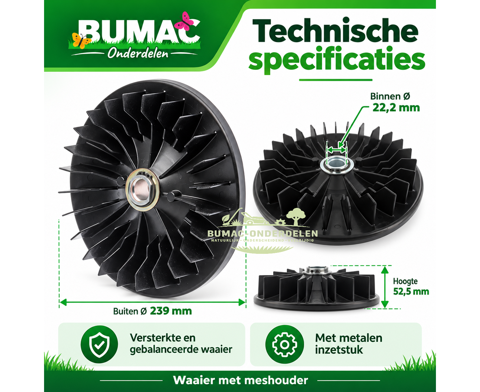 Waaier met meshouder onderdeel voor John Deere en Sabo loopmaaiers 22,2 mm