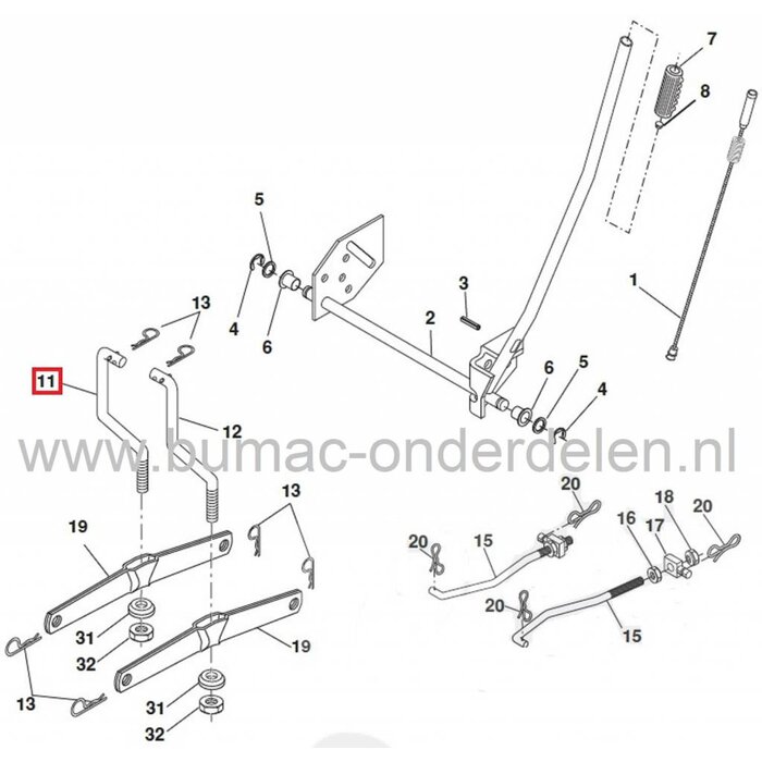 Stang Maaidekophanging Midden Links AYP - Husqvarna - Lazer - Jonsered - Craftsman - Partner - Roper - McCulloch - Wizard - Yardpro, Middelste Linker Stang voor Maaidek Ophanging, Buis Midden Links voor Ophangen Maaidek bij Zitmaaiers en Frontmaaiers