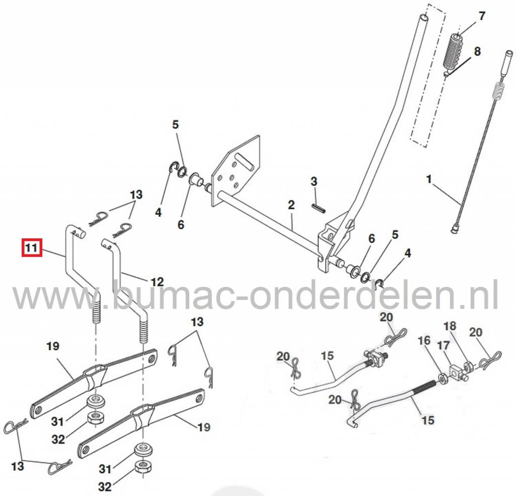 Stang Maaidekophanging Midden Links AYP, Craftsman, Husqvarna, Lazer, Jonserd, Partner, McCulloch, Wizard, Roper, Yardpro Zitmaaiers - Frontmaaiers - Tuintrekkers, Linker Buis voor Ophanging Maaidek, Linkse Ophangstang voor Maaidekken, onderdeel
