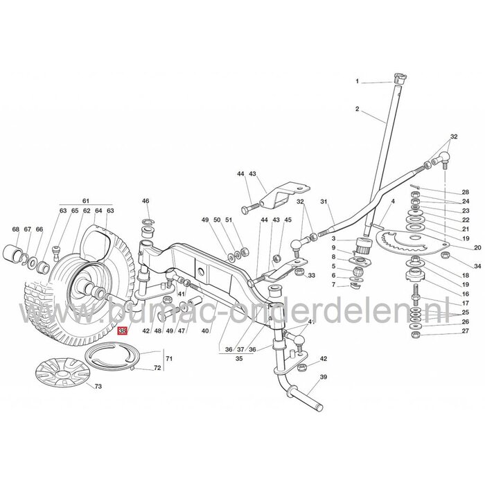 Wielas Rechts voor Castelgarden 102 en 122 Cm Zitmaaiers, XT140 - XT170HD - XT175HD - XT190HD - XT220HD Zitmaaiers, Stiga, Mountfield, Alpina, Aandrijvingsflens, Aandrijvings Flens, Rechter Wiel As Castel Garden
