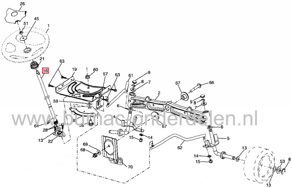 Stuuras voor Craftsman, Husqvarna, Lazer, Jonsered, McCulloch, AYP, Partner, Wizard, Roper, Yardpro Zitmaaier, Frontmaaier, Tuintrekker Stuur As TC142, YT4000, YTH2242T, YTH2246, 2042LS, XT19H42YT,  PB20H42YT, PB20H46YT, PB22H42YT