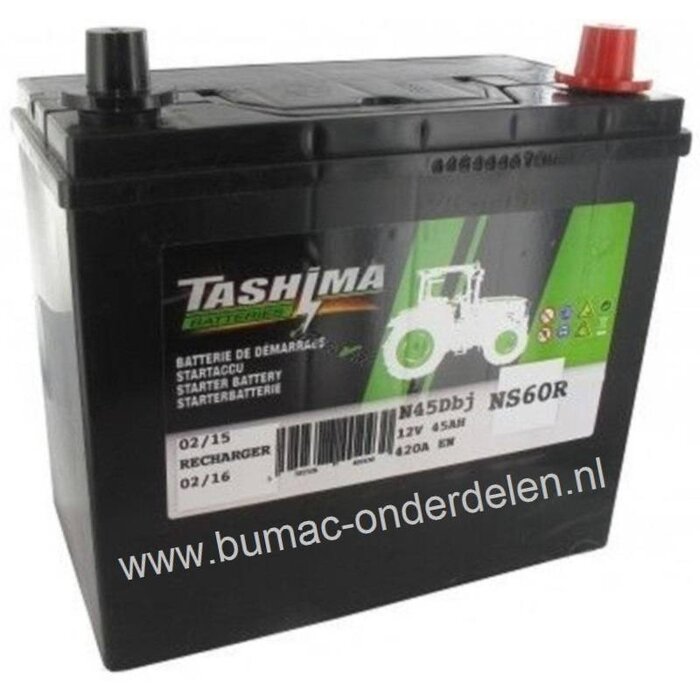 Accu 12V - 45 Ampere + Pool Rechts voor Zitmaaiers - Frontmaaiers - Tuintrekkers - Auto's - Tractoren - Industrie Motoren, Batterij Gebruiksklaar