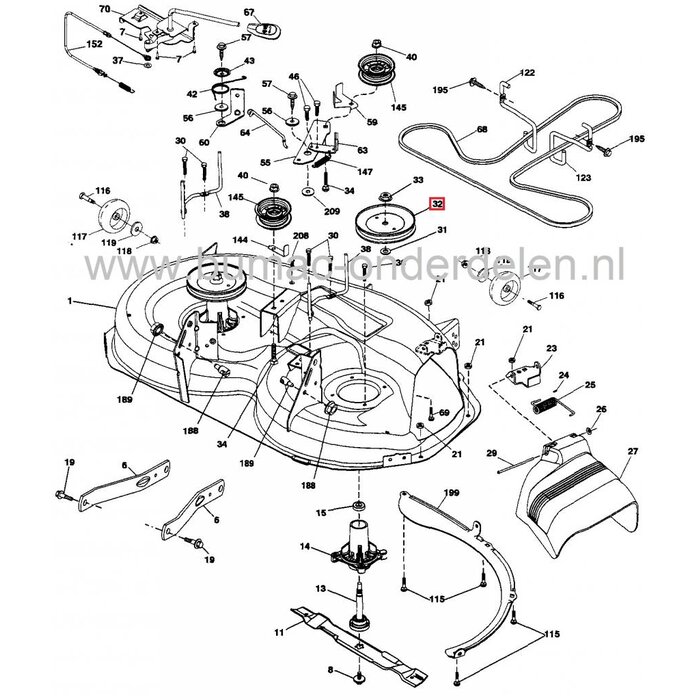 Maaidekpoelie HUSQVARNA LT2216 - LT2217 - LTH18538 Zitmaaiers, Poelie voor Maaidek Aandrijving bij Husqvarna, Lazer, Jonsered, Partner, AYP, McCulloch, Wizard, Yardpro, Craftsman Zitmaaiers, Frontmaaiers, Tuintrekkers, Riemschijf, Pouly