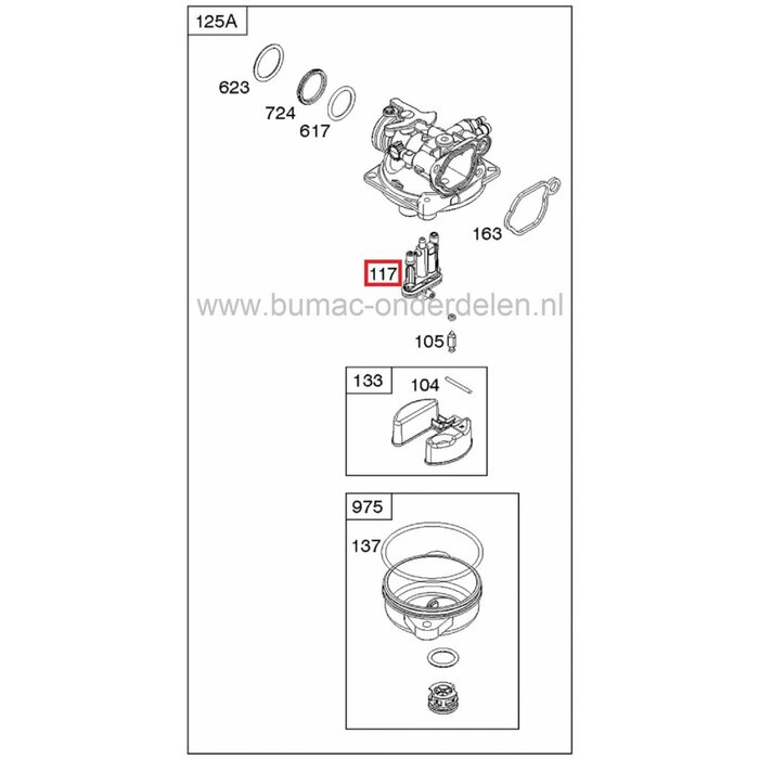 Sproeier voor B&S Motor beginnend met Modelnr 09P702 oa 550 Serie, 140 CC, Spirit B&S Motoren op Grasmaaiers, Benzinemaaiers, Loopmaaiers, Veegmachine, Hakselaar Briggs and Stratton Hoofdsproeier voor Lichtere Motoren met Verticale Krukas, B en S Sproeier
