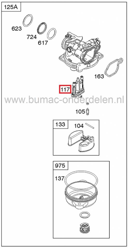Sproeier voor B&S Motor beginnend met Modelnr 09P702 oa 550 Serie, 140 CC, Spirit B&S Motoren op Grasmaaiers, Benzinemaaiers, Loopmaaiers, Veegmachine, Hakselaar Briggs and Stratton Hoofdsproeier voor Lichtere Motoren met Verticale Krukas, B en S Sproeier